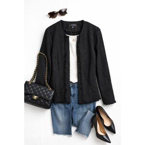 Ann Taylor Women's Black Textured Fringed Edge Blazer Snap Closure Size 10